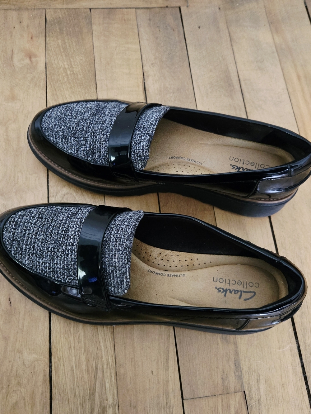 Clarks Women's Sharon Gracie Penny Loafers in Black Patent Combi Tweed, size 9 - Picture 2 of 12